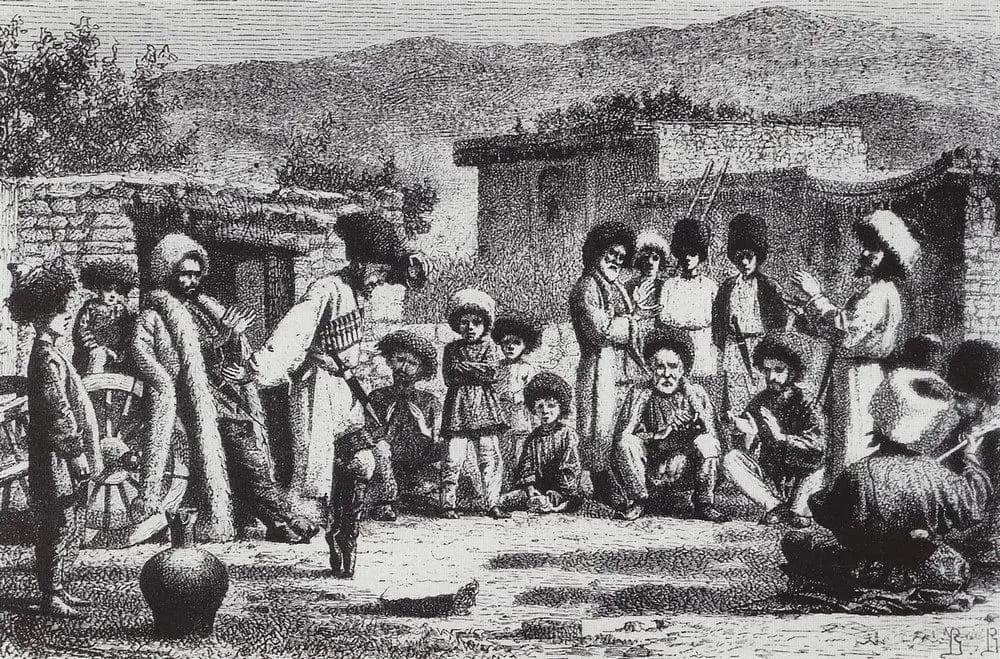 Лезгинка в горном ауле — гравюра Василия Верещагина, 1860-е годы