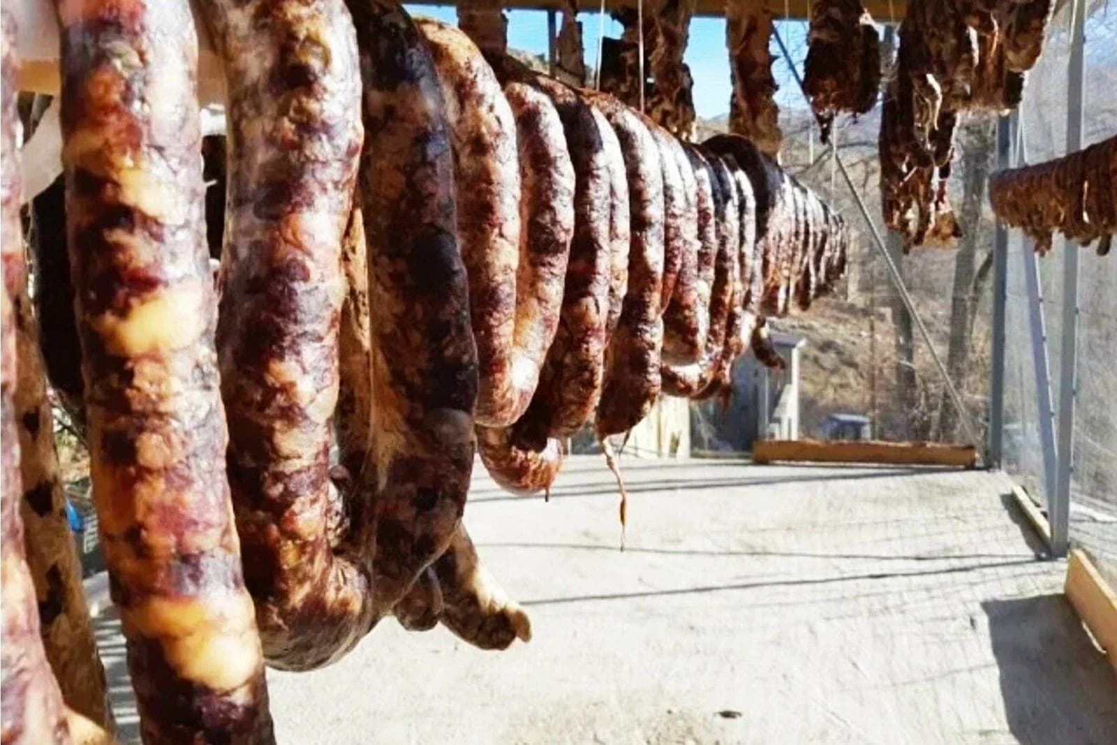 Кольца сушёной дагестанской колбасы, развешенные рядами на балконе для провяливания, на фоне горы