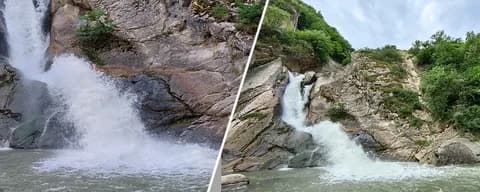 Коллаж из двух водопадов Дагестана — мощные потоки воды среди скал и зелени